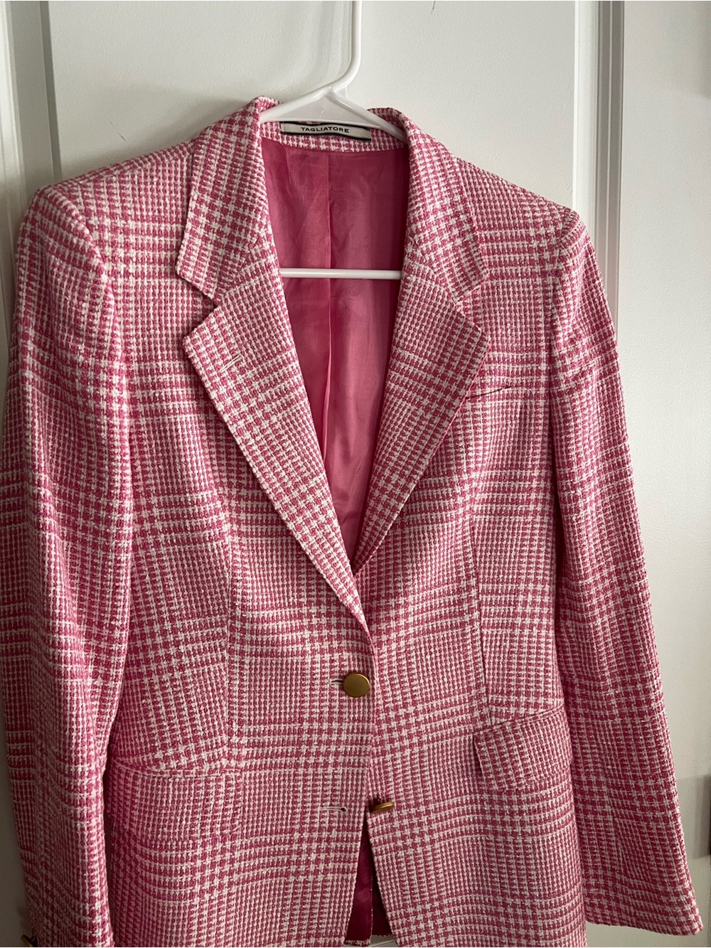 Tagliatore Pink and White Plaid Silk- Wool-Blend Blazer